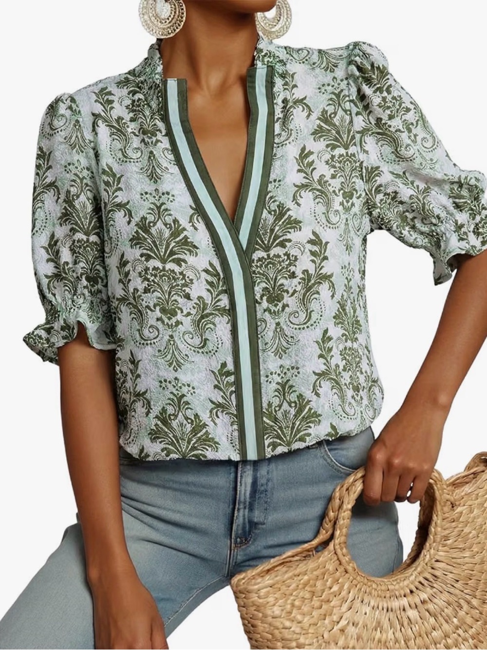 Women’s Olive Green Patterned Short Sleeve Button-Down Shirt